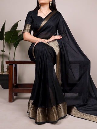 Black Elegant Mass Mello Zari Weaving Saree with Matching Unstitched Blouse – Premium Party & Festive Wear ClothsVilla