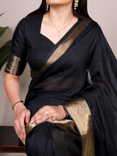 Black Elegant Mass Mello Zari Weaving Saree with Matching Unstitched Blouse – Premium Party & Festive Wear ClothsVilla