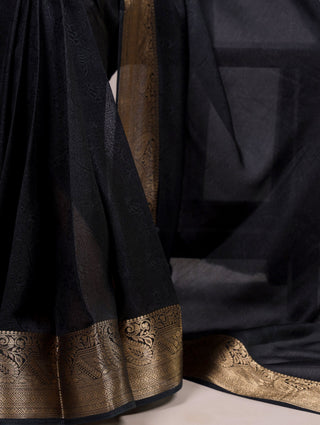 Black Elegant Mass Mello Zari Weaving Saree with Matching Unstitched Blouse – Premium Party & Festive Wear ClothsVilla