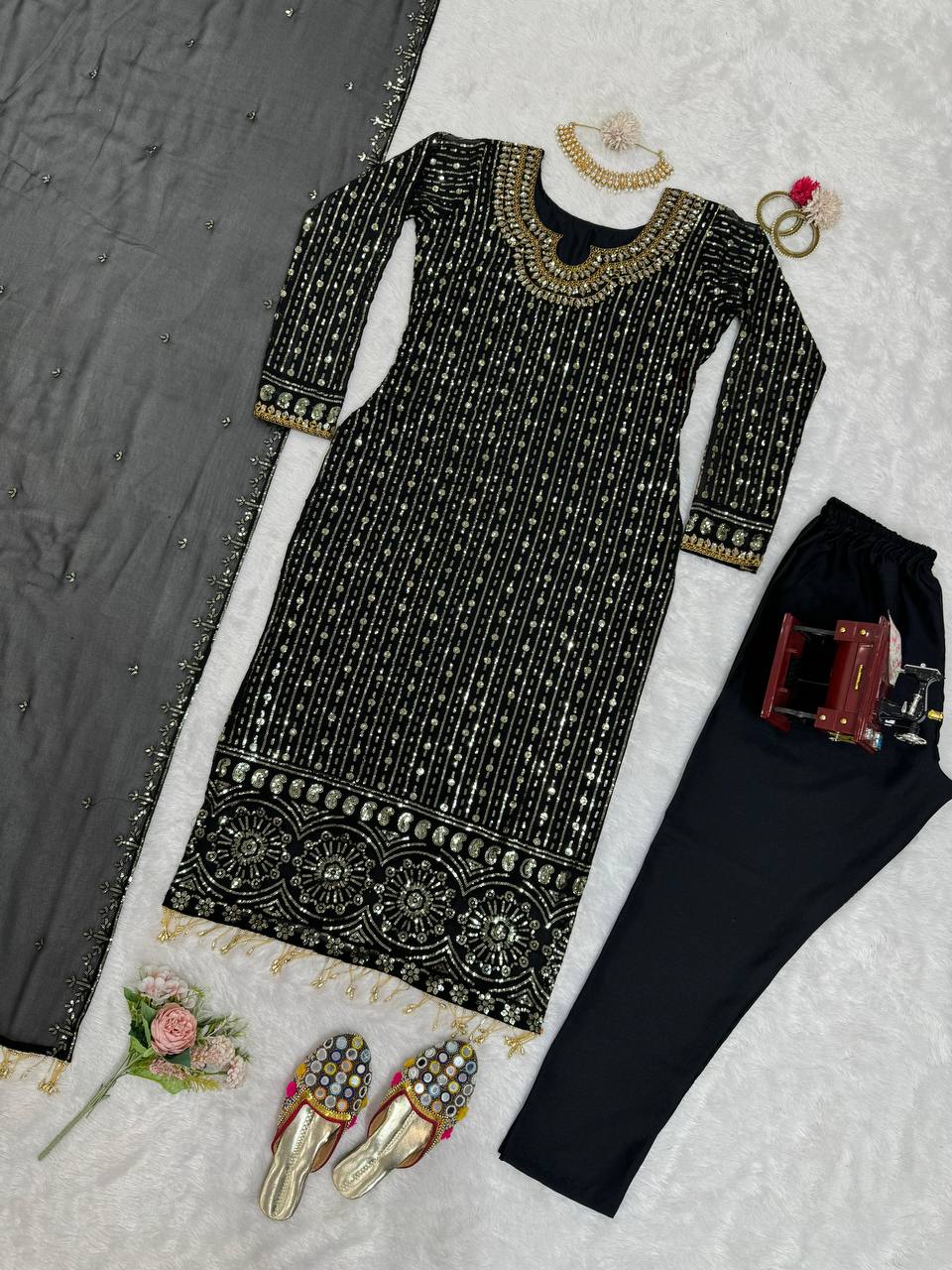 Black Elegant Mirror Work Co-Ord Set ClothsVilla