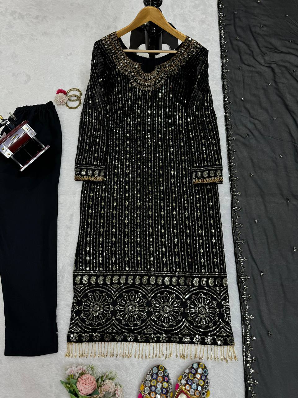 Black Elegant Mirror Work Co-Ord Set ClothsVilla