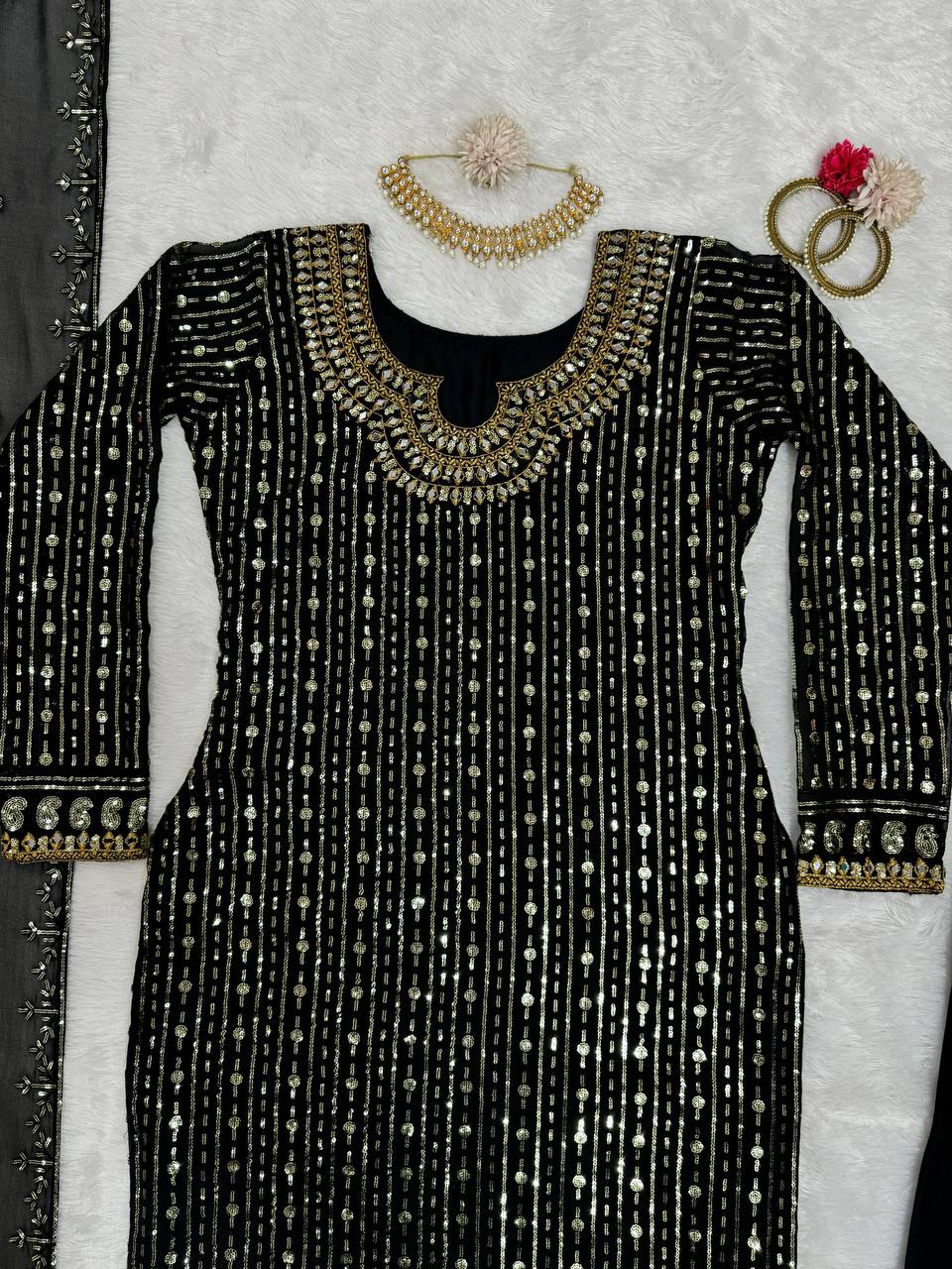 Black Elegant Mirror Work Co-Ord Set ClothsVilla