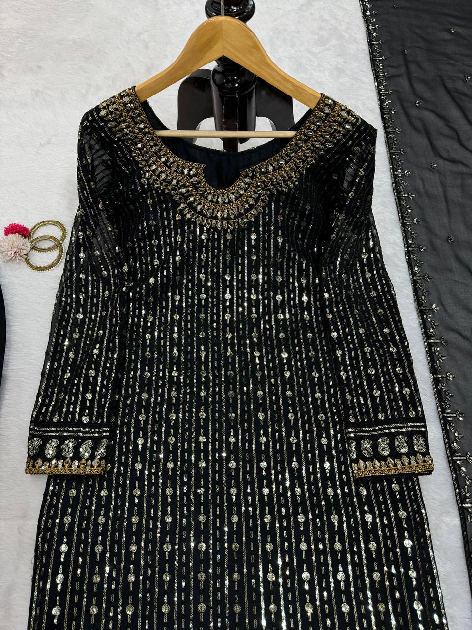 Black Elegant Mirror Work Co-Ord Set ClothsVilla