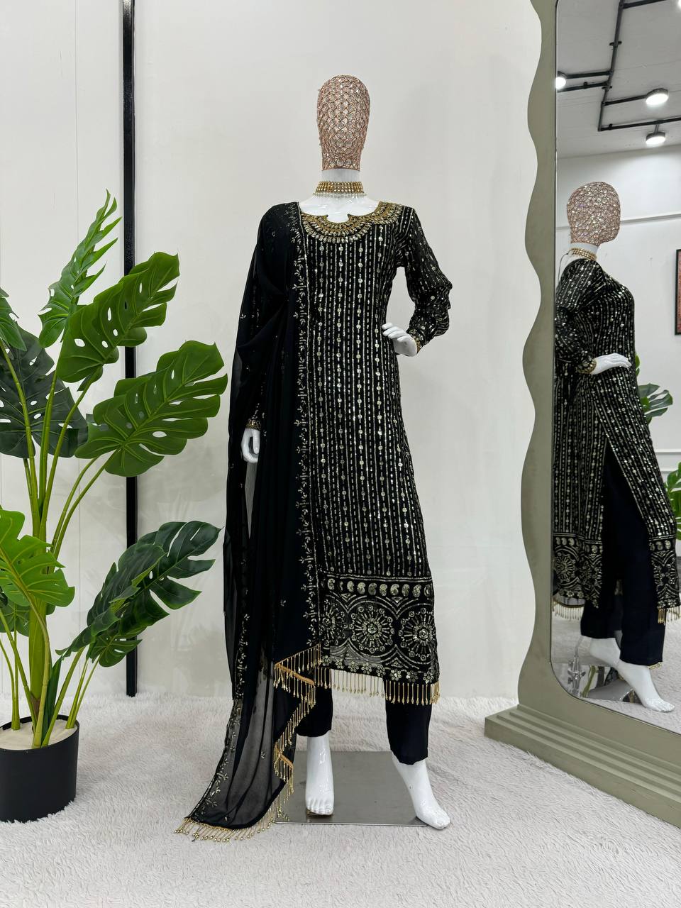 Black Elegant Mirror Work Co-Ord Set ClothsVilla