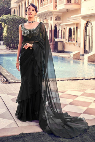 Black Elegant Organza Ruffle Saree with Mirror Work Blouse Piece ClothsVilla