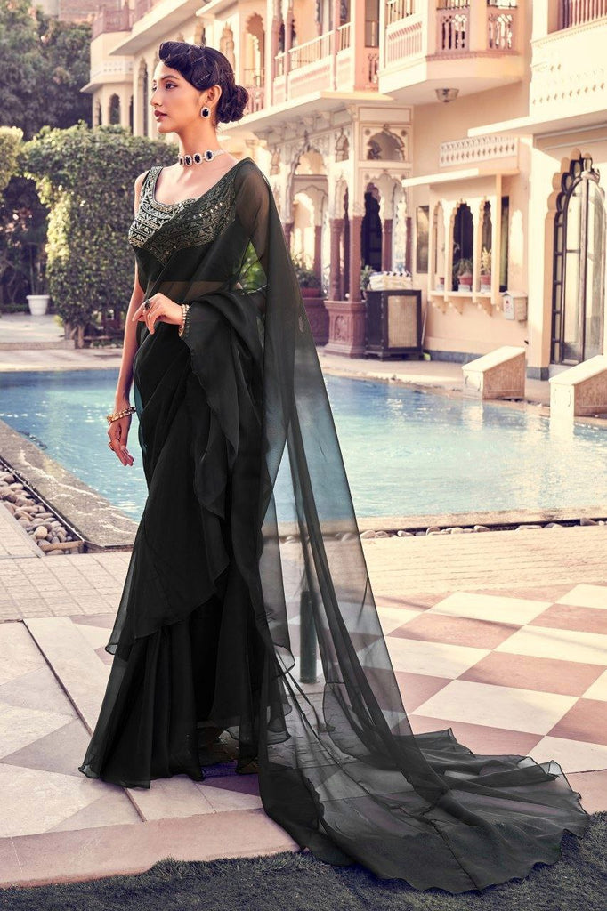 Black Elegant Organza Ruffle Saree with Mirror Work Blouse Piece ClothsVilla