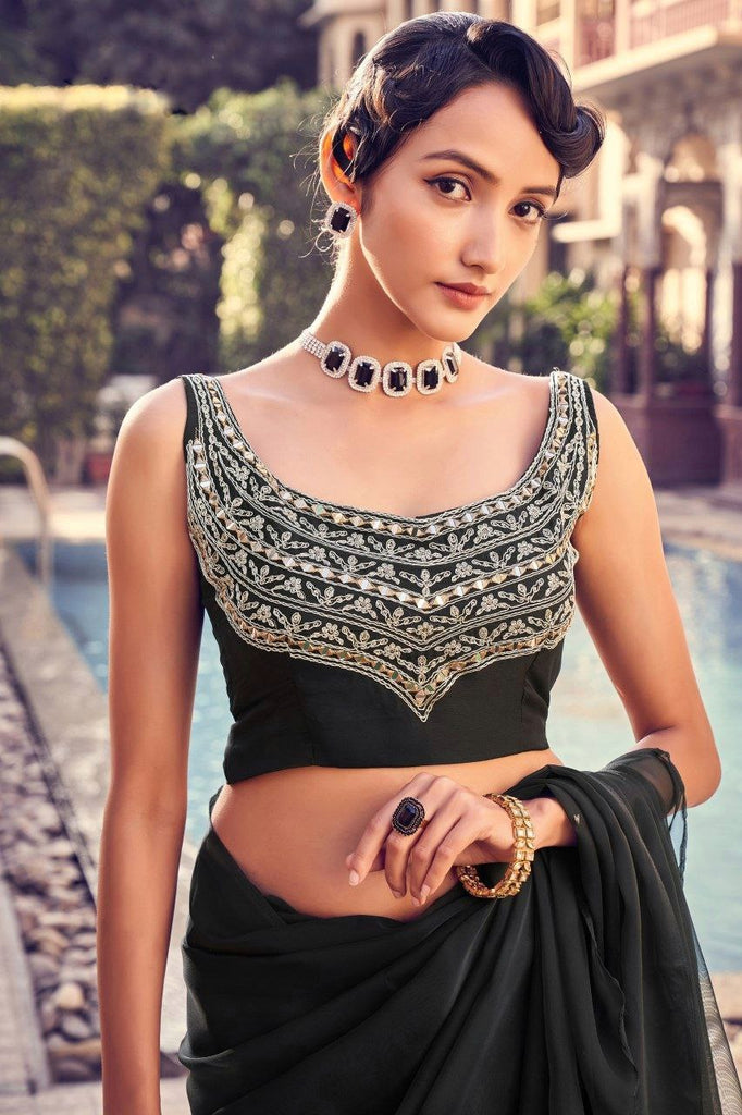 Black Elegant Organza Ruffle Saree with Mirror Work Blouse Piece ClothsVilla