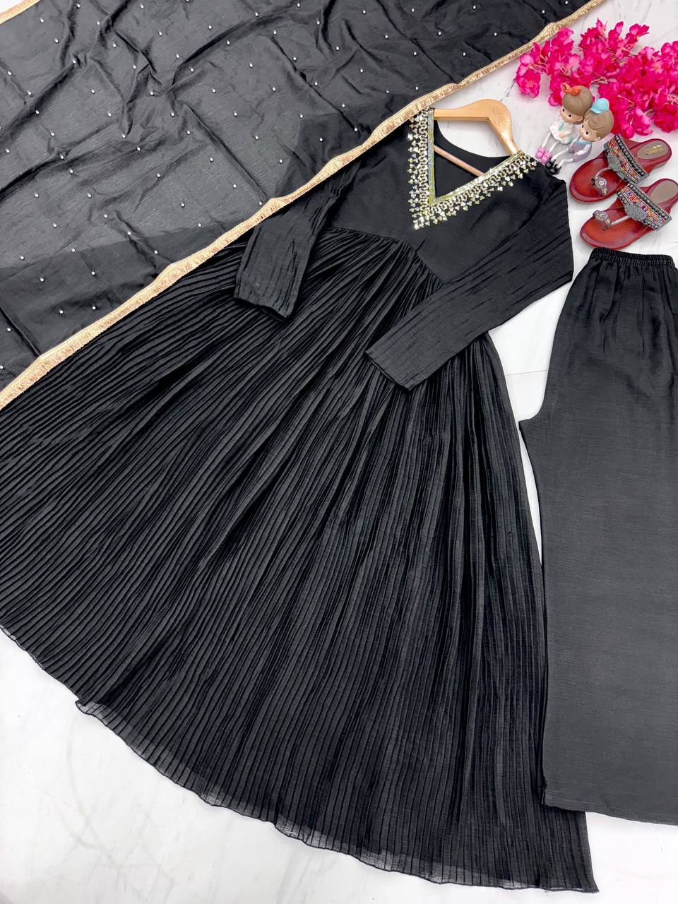 Black Elegant Party Wear Alia Cut Anarkali Gown Set with Dupatta & Bottom Clothsvilla