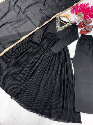 Black Elegant Party Wear Alia Cut Anarkali Gown Set with Dupatta & Bottom Clothsvilla
