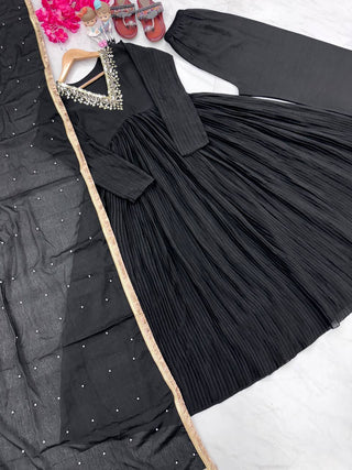 Black Elegant Party Wear Alia Cut Anarkali Gown Set with Dupatta & Bottom Clothsvilla