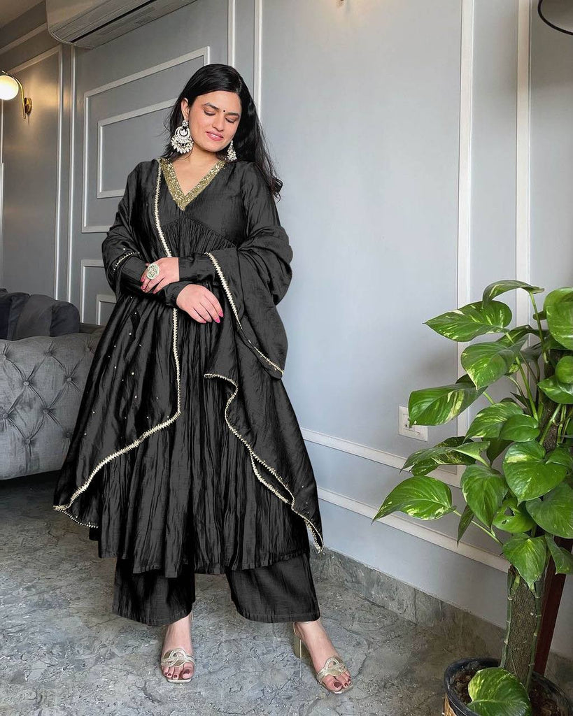 alia cut dress Black Elegant Party Wear Alia Cut Anarkali Gown Set with Dup