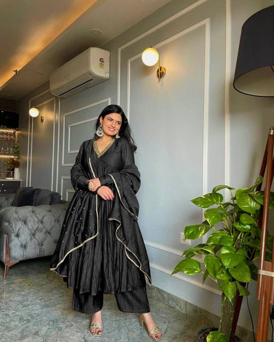 Black Elegant Party Wear Alia Cut Anarkali Gown Set with Dupatta & Bottom Clothsvilla