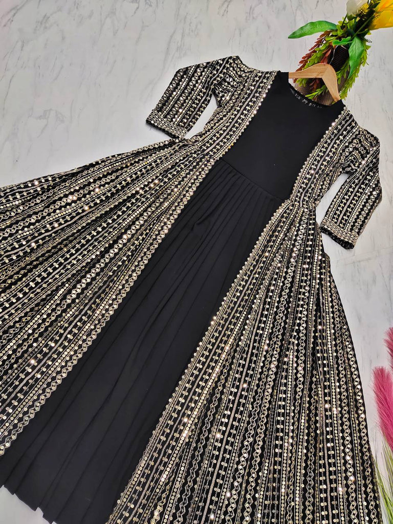 Black Elegant Party Wear Gown & Long Koti Set with Embroidery and Sequins Clothsvilla