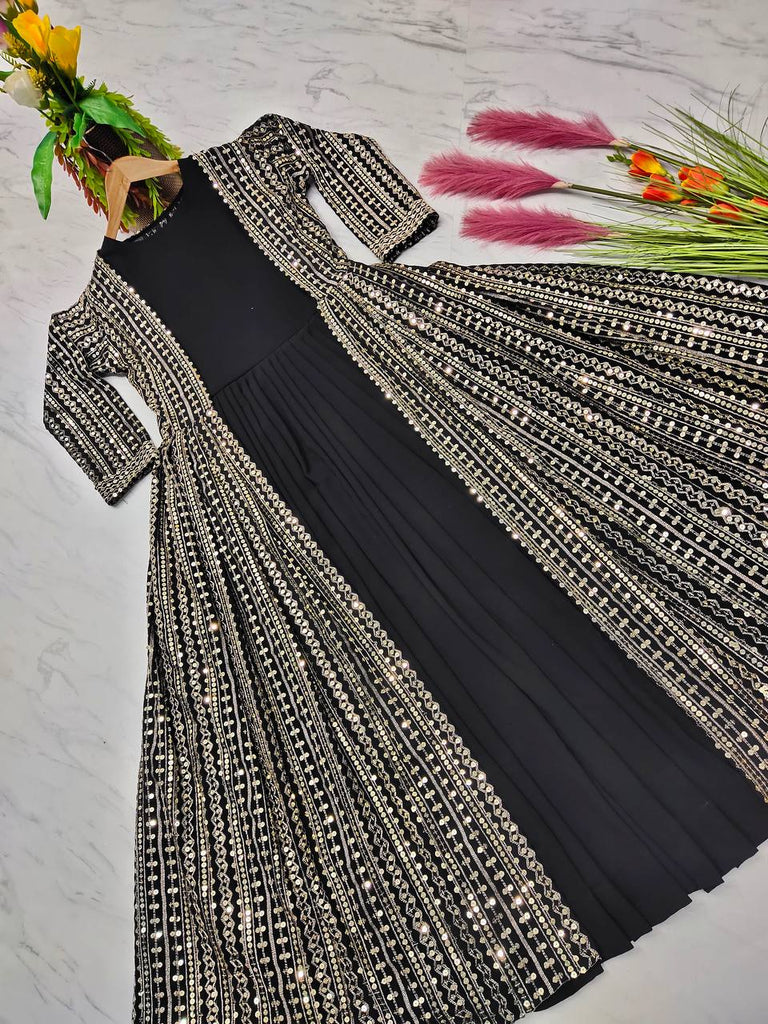 Black Elegant Party Wear Gown & Long Koti Set with Embroidery and Sequins Clothsvilla