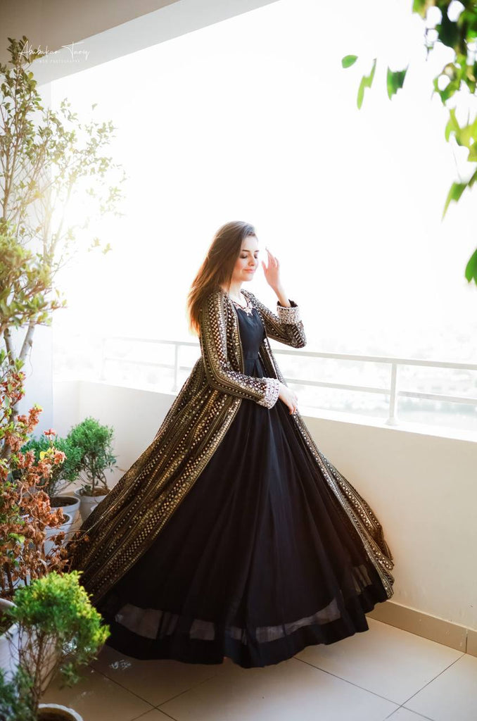 Party Wear Long Koti Style Dress Design Black Elegant Party Wear Gown Long Koti Set With Embro Party Wear Long Koti Style Dress Design Black Elegant Party Wear Gown Long Koti Set With Embro