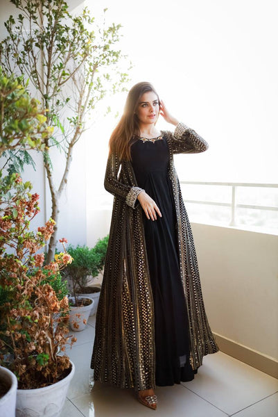Black Elegant Party Wear Gown Long Koti Set with Embroidery and Sequins
