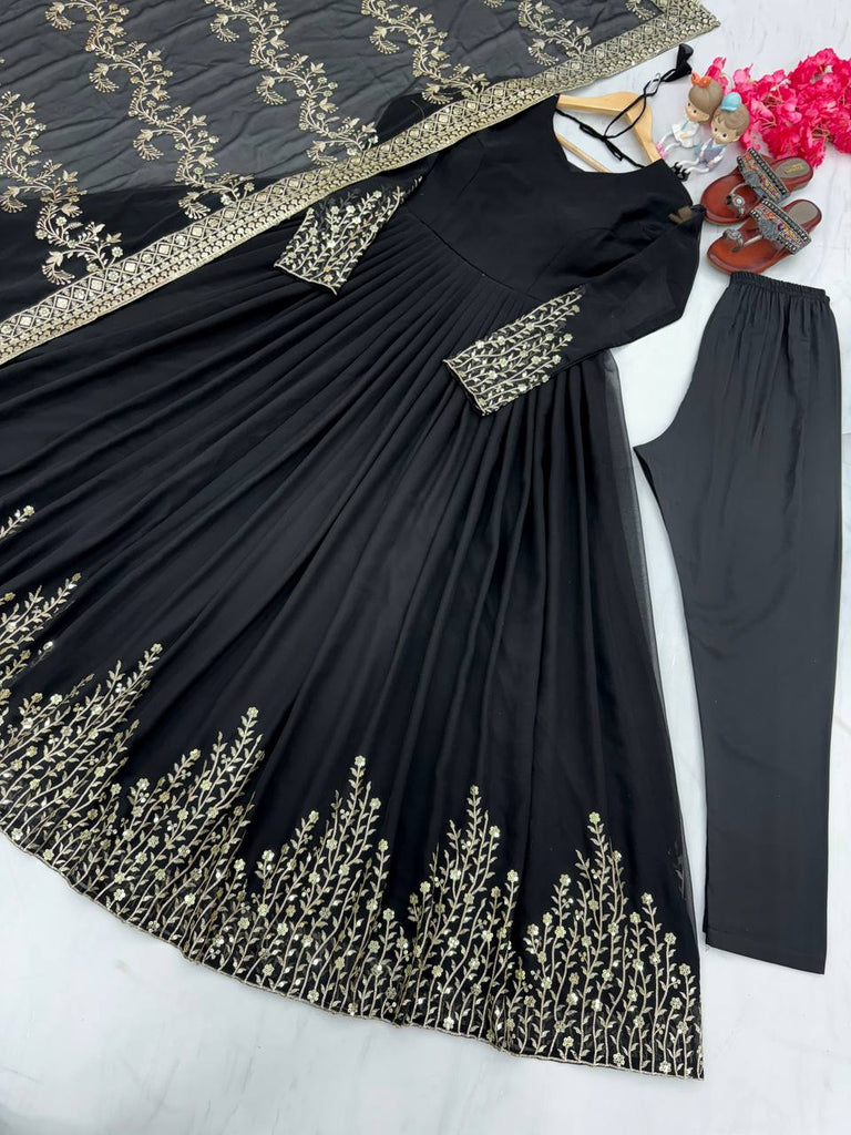 Black Elegant Party Wear Gown Set with Dupatta & Bottom - Heavy Faux Georgette Embroidered Ensemble Clothsvilla