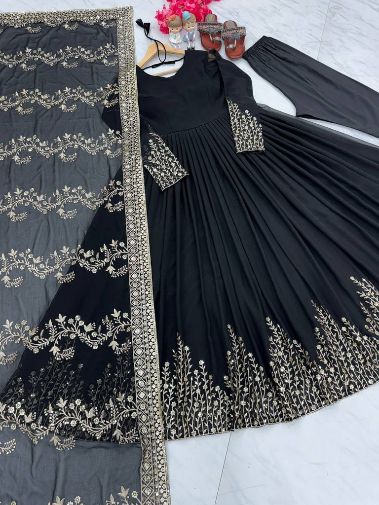 Black Elegant Party Wear Gown Set with Dupatta & Bottom - Heavy Faux Georgette Embroidered Ensemble Clothsvilla