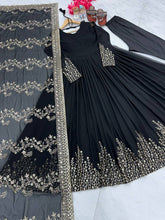 Load image into Gallery viewer, Black Elegant Party Wear Gown Set with Dupatta &amp; Bottom - Heavy Faux Georgette Embroidered Ensemble Clothsvilla