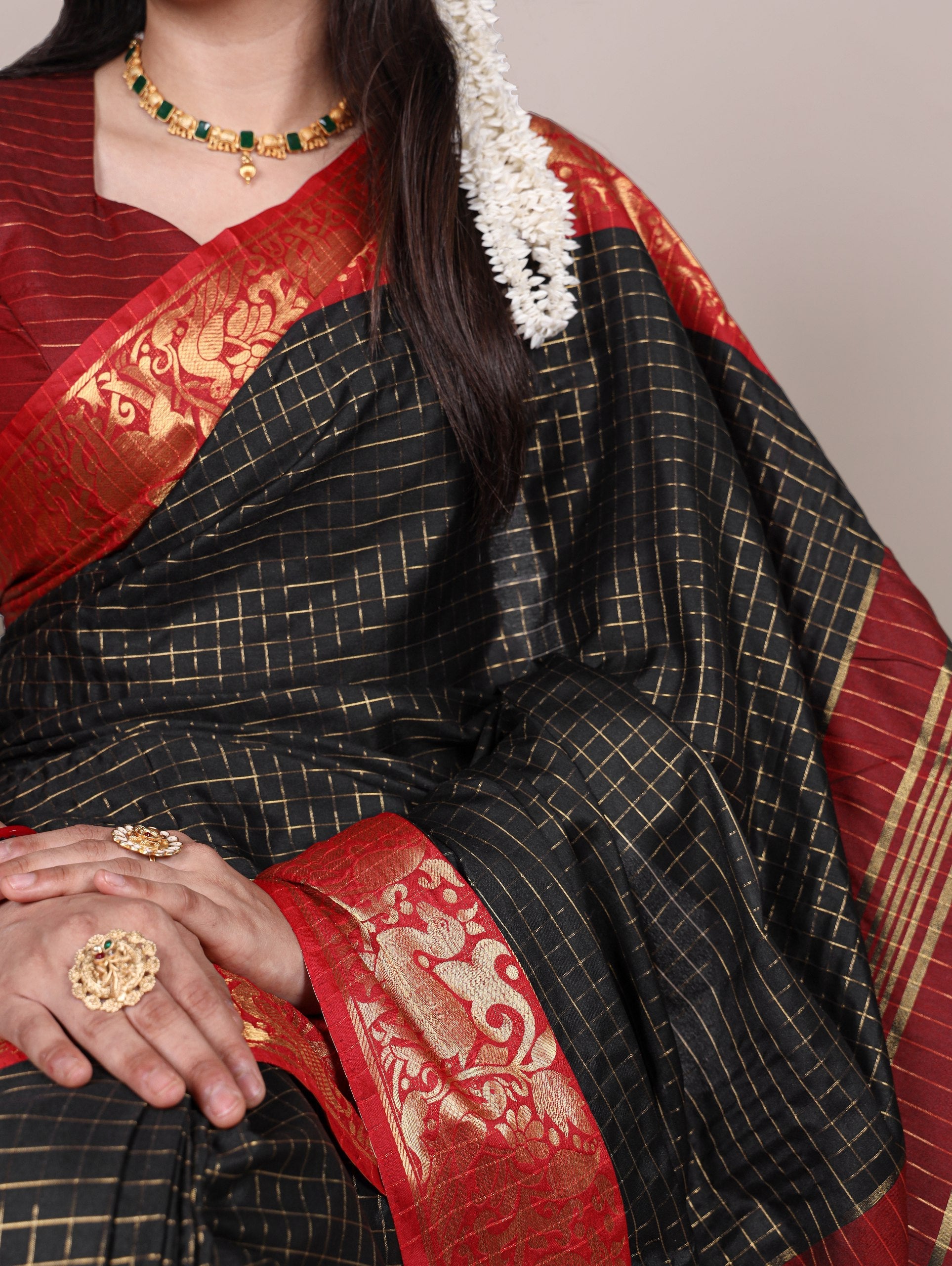 Black Elegant Poly Cotton Saree with Chex Zari Weaving ClothsVilla