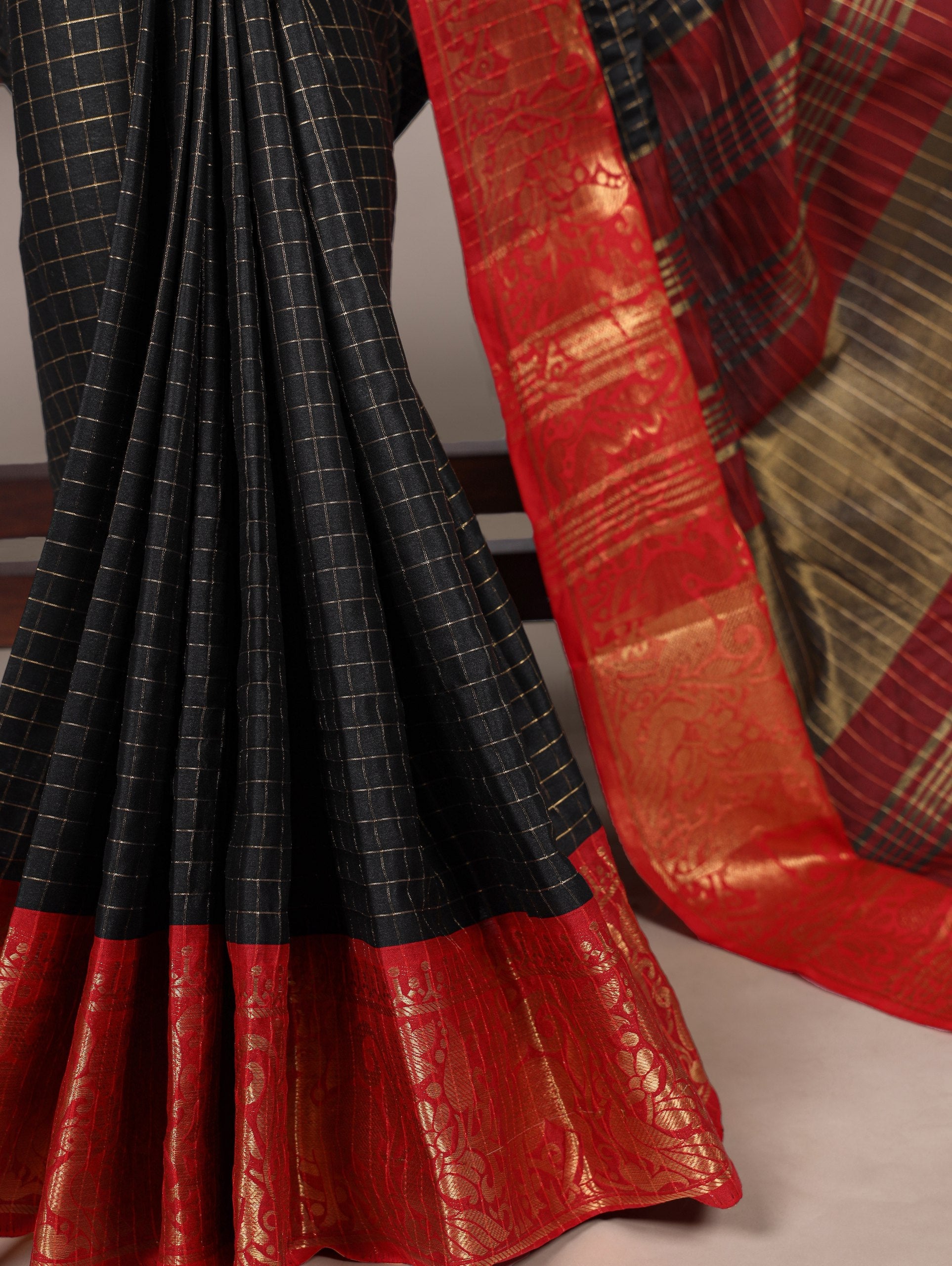 Black Elegant Poly Cotton Saree with Chex Zari Weaving ClothsVilla