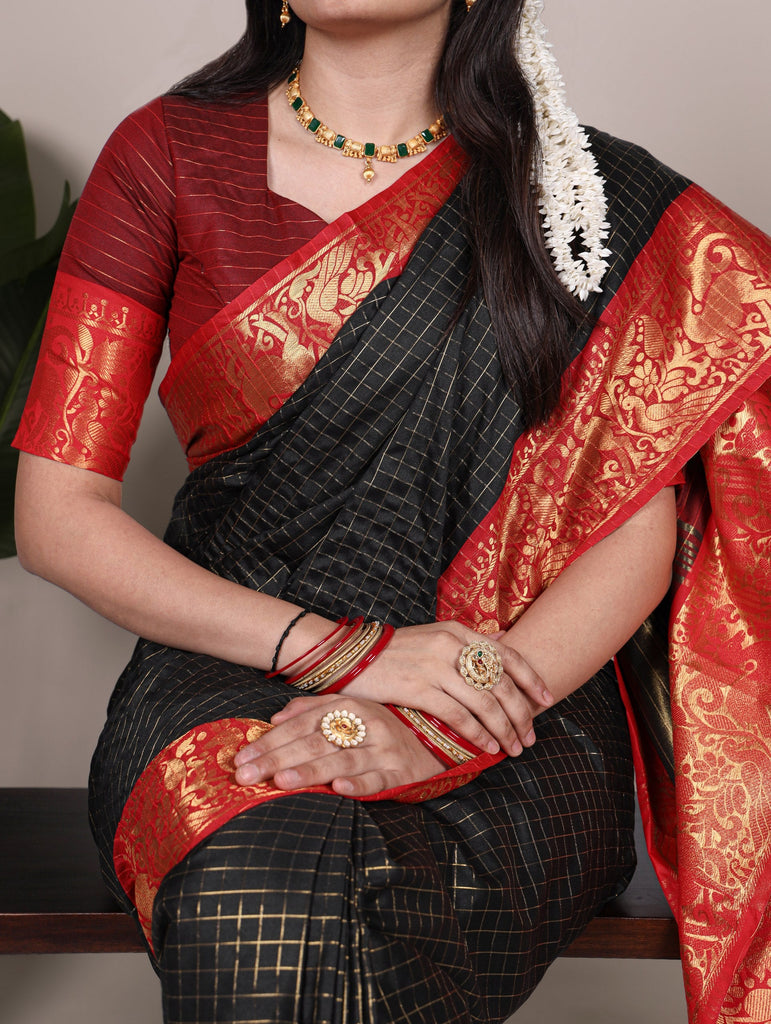 Black Elegant Poly Cotton Saree with Chex Zari Weaving ClothsVilla