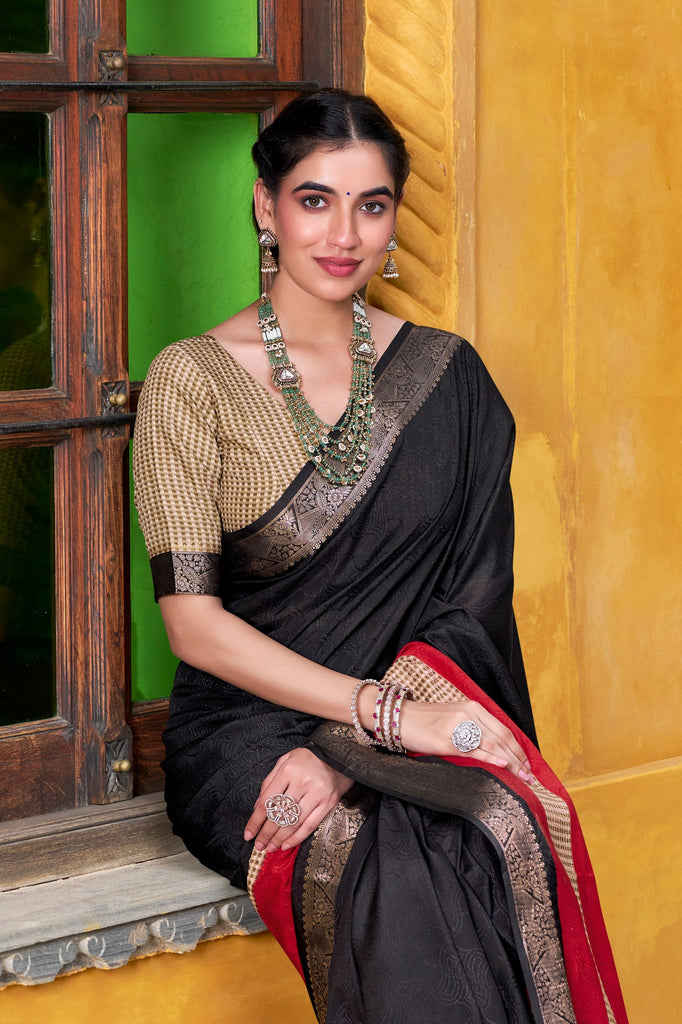 Black Elegant Poly Cotton Saree with Printed & Zari Weaving Work ClothsVilla