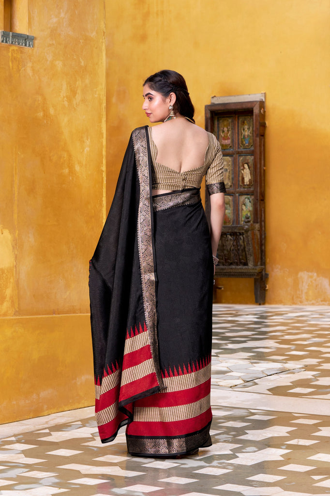 Black Elegant Poly Cotton Saree with Printed & Zari Weaving Work ClothsVilla