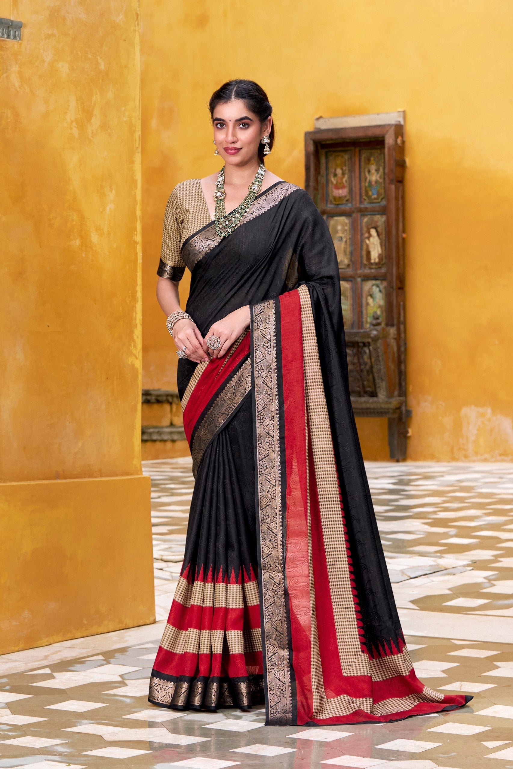Black Elegant Poly Cotton Saree with Printed & Zari Weaving Work ClothsVilla Main image