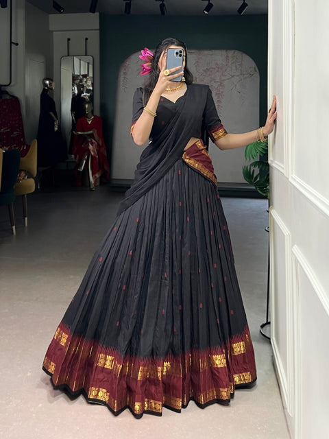 Black Elegant Pure Chanderi Lehenga with Zari Weaving Work – Stitched Lehenga with Unstitched Blouse & Zari Dupatta Clothsvilla Main image