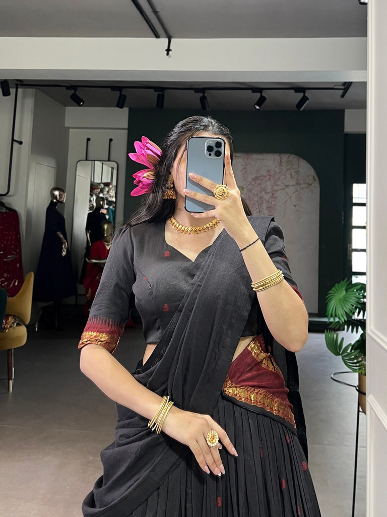 Black Elegant Pure Chanderi Lehenga with Zari Weaving Work – Stitched Lehenga with Unstitched Blouse & Zari Dupatta Clothsvilla