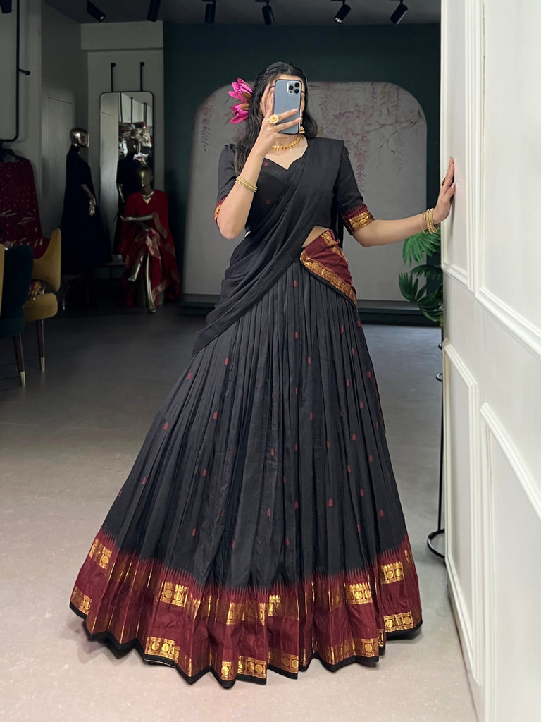 Black Elegant Pure Chanderi Lehenga with Zari Weaving Work – Stitched Lehenga with Unstitched Blouse & Zari Dupatta Clothsvilla