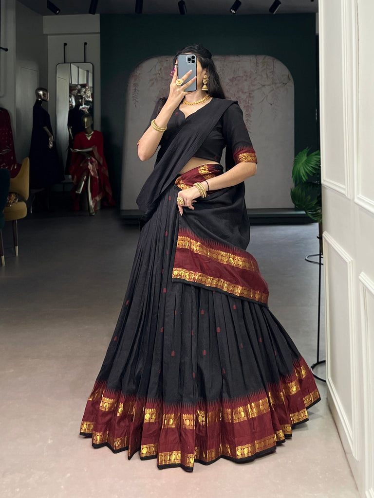 Black Elegant Pure Chanderi Lehenga with Zari Weaving Work – Stitched Lehenga with Unstitched Blouse & Zari Dupatta Clothsvilla
