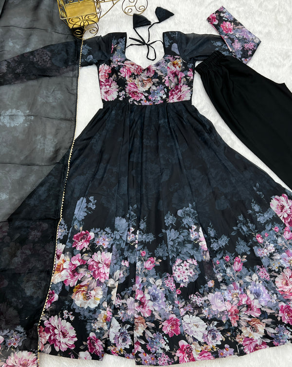 Black Elegant Pure Organza Silk Anarkali Set with Dupatta – Festive & Wedding Wear