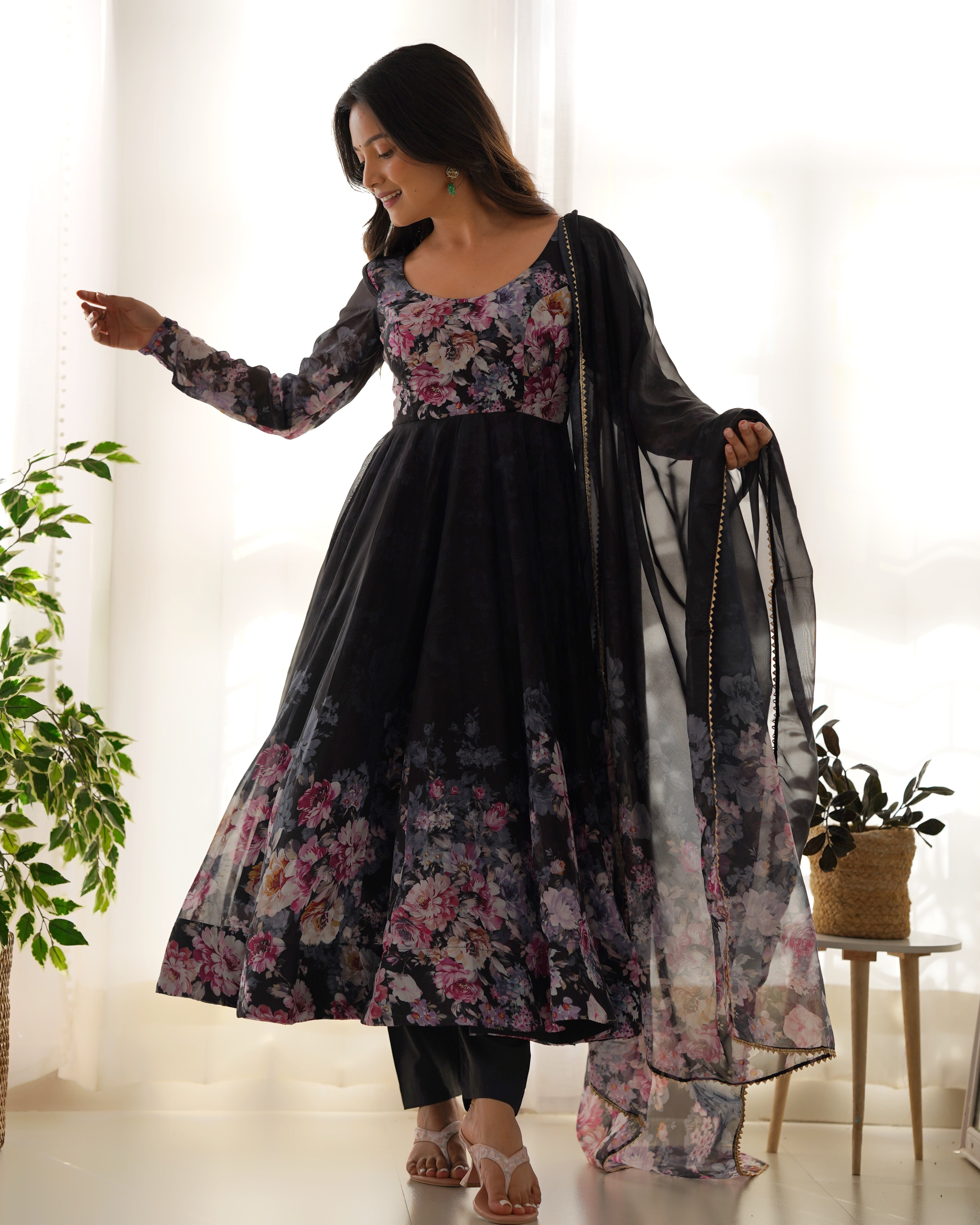 Black Elegant Pure Organza Silk Anarkali Set with Dupatta – Festive & Wedding Wear Main image