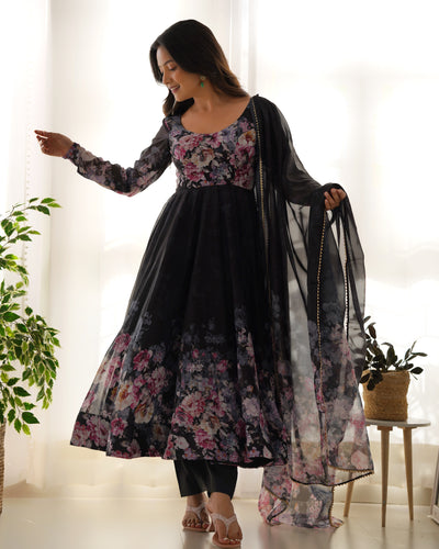 Black Elegant Pure Organza Silk Anarkali Set with Dupatta – Festive & Wedding Wear