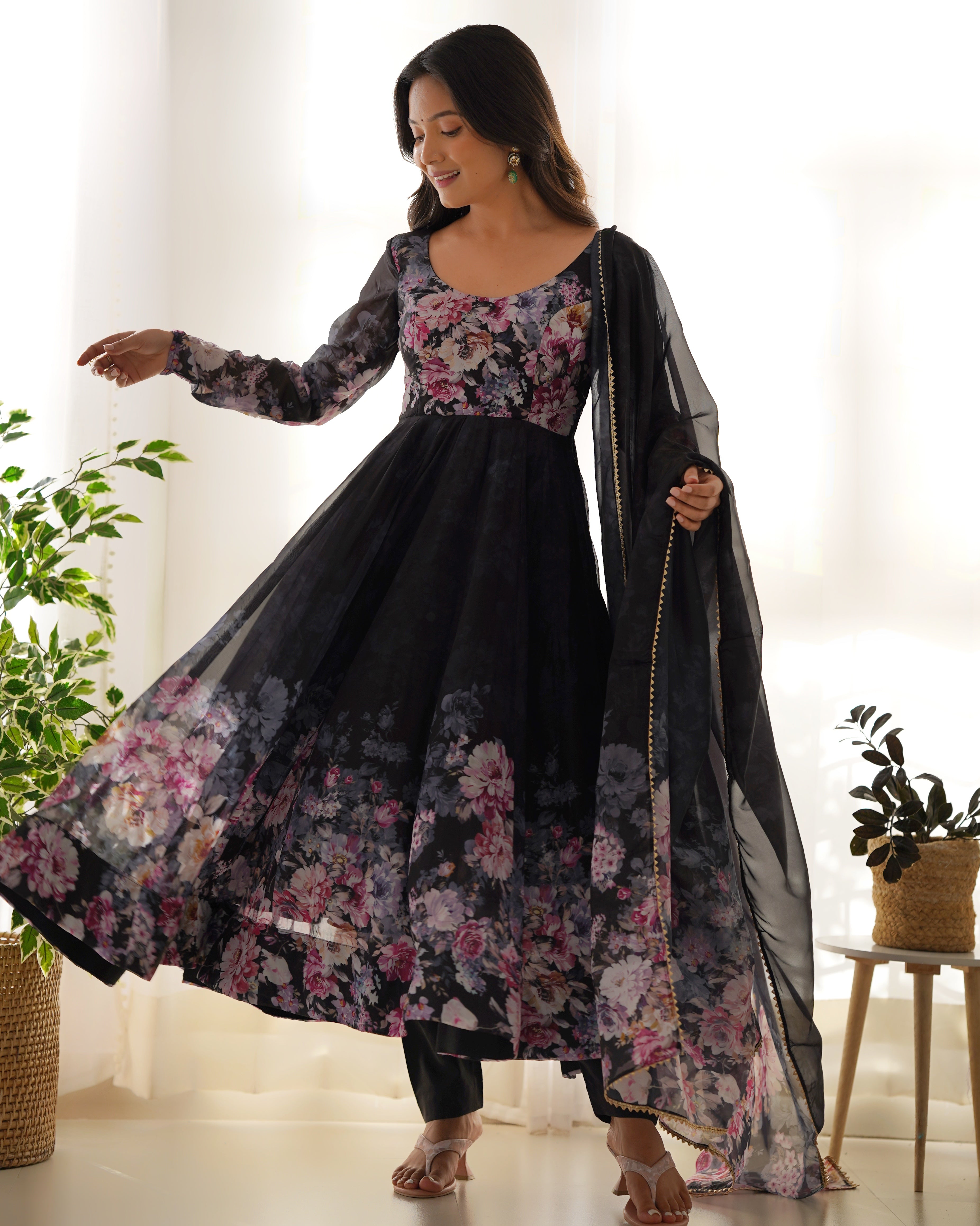 Black Elegant Pure Organza Silk Anarkali Set with Dupatta – Festive & Wedding Wear Secondary image