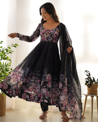Black Elegant Pure Organza Silk Anarkali Set with Dupatta – Festive & Wedding Wear