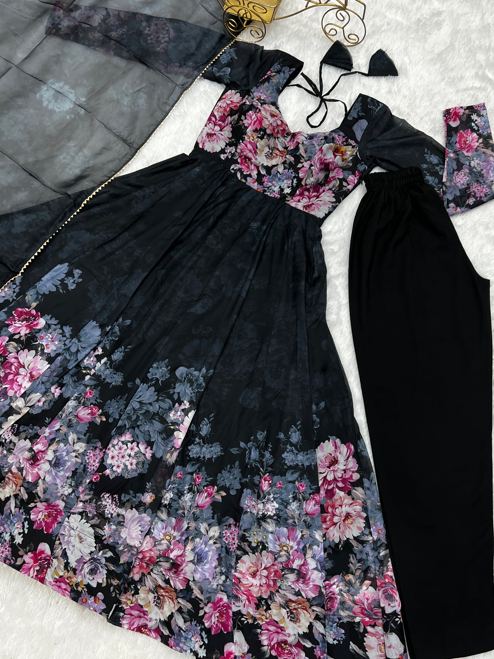 Black Elegant Pure Organza Silk Anarkali Set with Dupatta – Festive & Wedding Wear