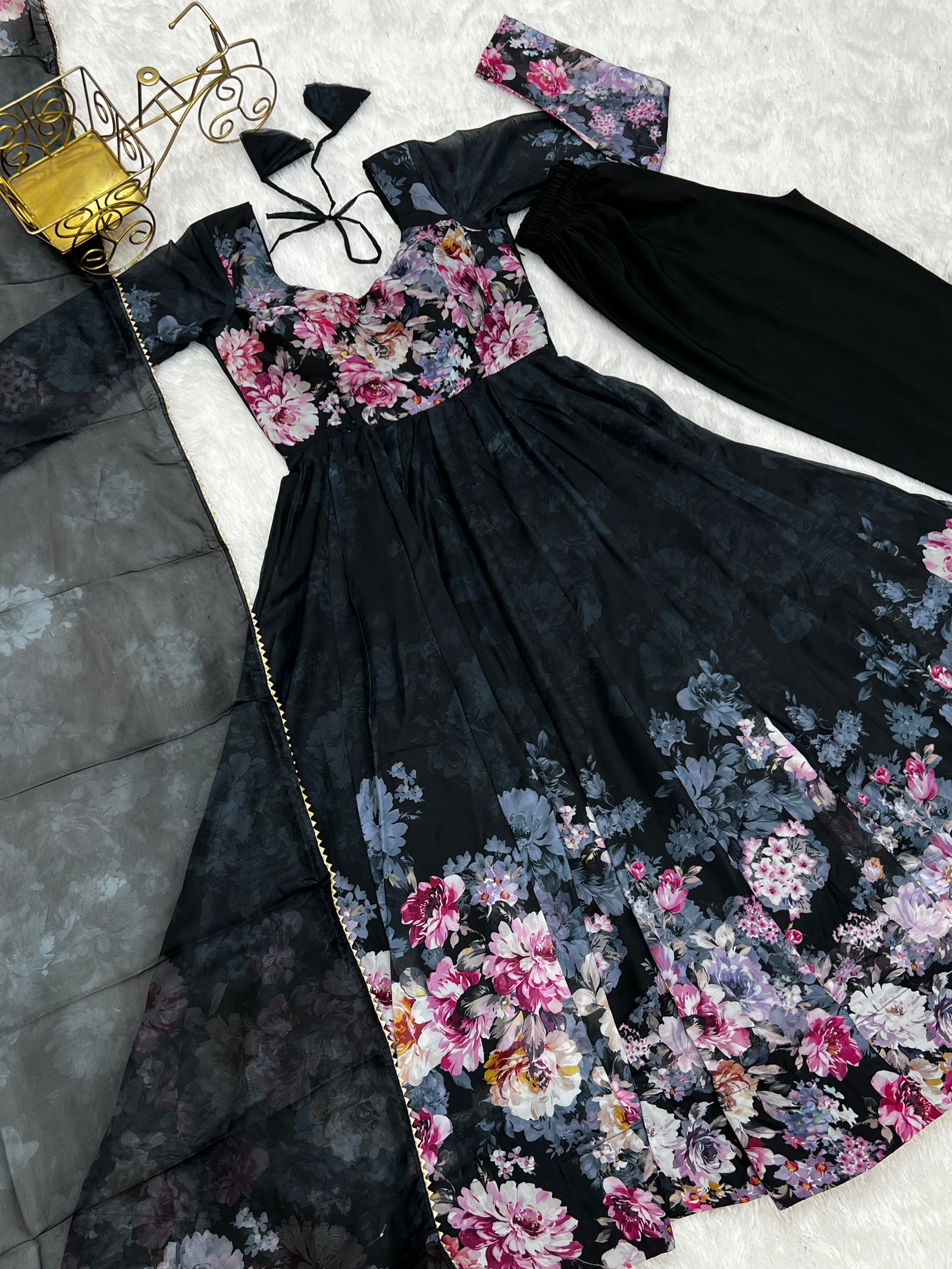 Black Elegant Pure Organza Silk Anarkali Set with Dupatta – Festive & Wedding Wear
