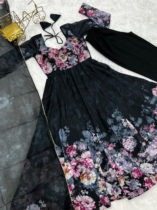 Black Elegant Pure Organza Silk Anarkali Set with Dupatta – Festive & Wedding Wear