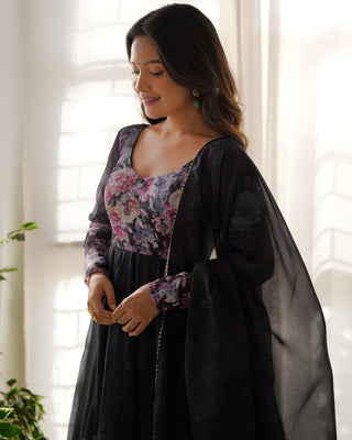 Black Elegant Pure Organza Silk Anarkali Set with Dupatta – Festive & Wedding Wear