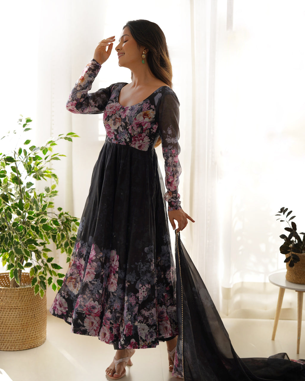 Black Elegant Pure Organza Silk Anarkali Set with Dupatta – Festive & Wedding Wear