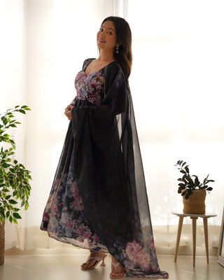 Black Elegant Pure Organza Silk Anarkali Set with Dupatta – Festive & Wedding Wear
