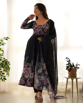 Black Elegant Pure Organza Silk Anarkali Set with Dupatta – Festive & Wedding Wear