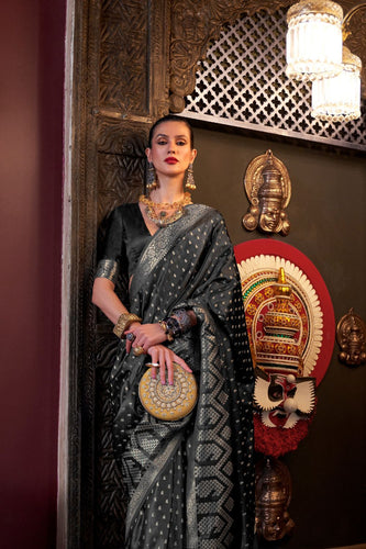 Black Elegant Pure Satin Handloom Saree with Unstitched Blouse Piece Clothsvilla