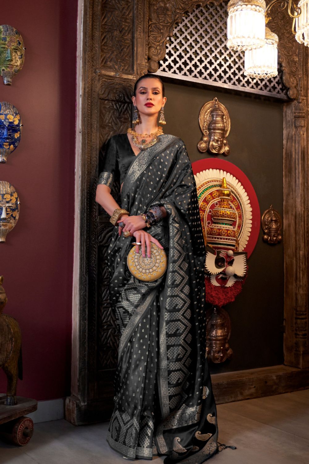 Black Elegant Pure Satin Handloom Saree with Unstitched Blouse Piece Clothsvilla Main image
