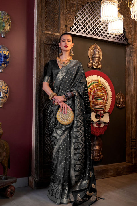 Black Elegant Pure Satin Handloom Saree with Unstitched Blouse Piece Clothsvilla Main image