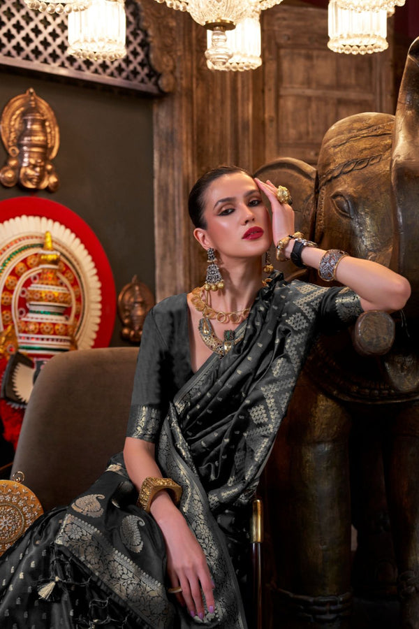 Black Elegant Pure Satin Handloom Saree with Unstitched Blouse Piece Clothsvilla