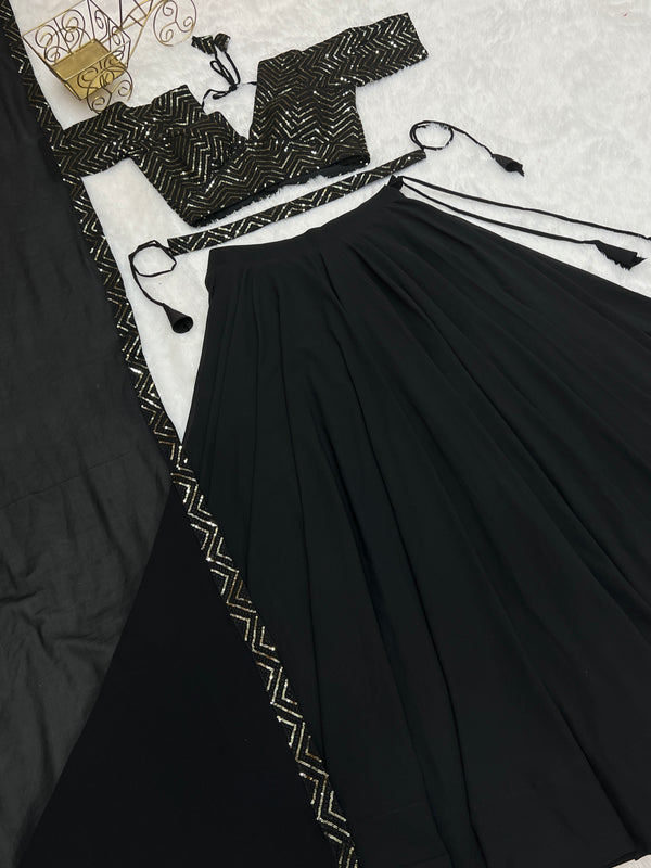 Black Elegant Pure Soft Fox Georgette Lehenga Choli with Designer Blouse and Dupatta – Fully Stitched, Ready to Wear